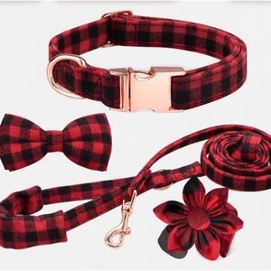 4-Piece Dog Collar & Leash Set Medium Buffalo Plaid Bow Tie Flower New